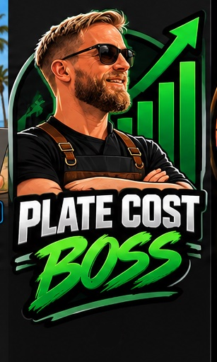 Plate Cost Boss logo — Joel, a bearded chef in sunglasses and an apron, with a rising green chart